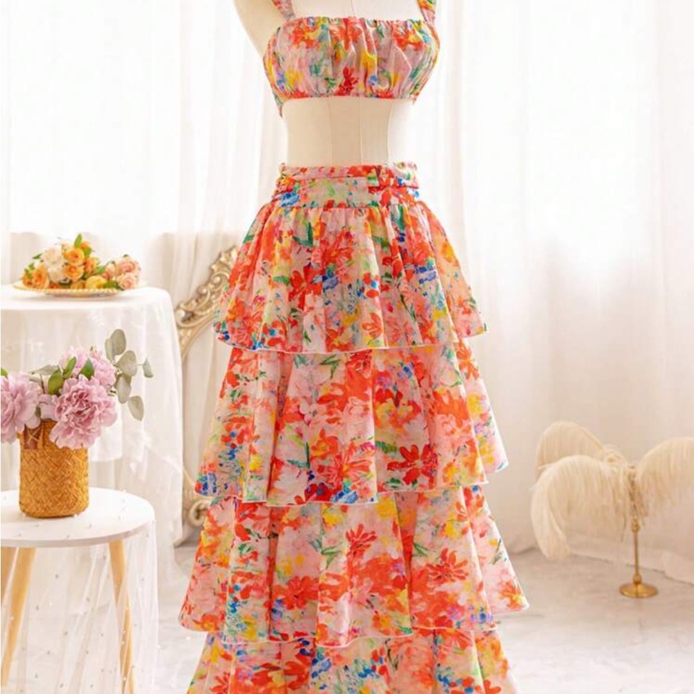Floral Tiered Skirt  and top set Multicolor